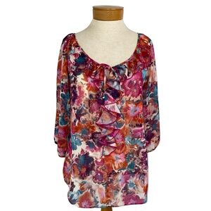 Watercolors Floral Ruffle Tie Top Med